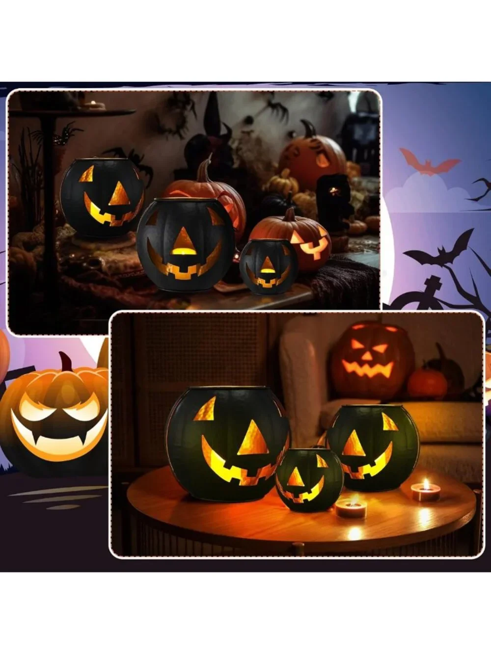 Set of 3 Halloween Jack O' Lanterns with LED Candles & Creepy Cloth Decor